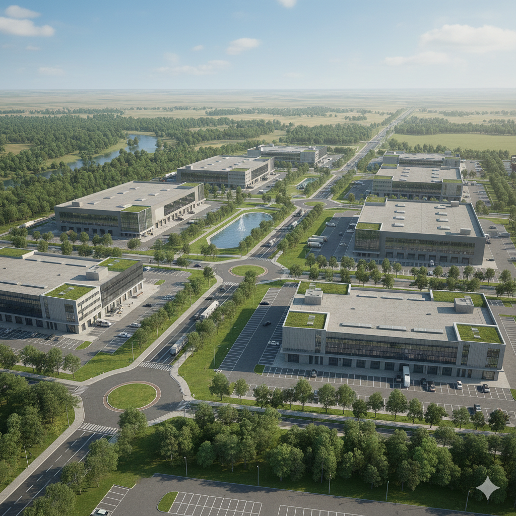 Khu công nghiệp với đường nội bộ và hồ điều hòa